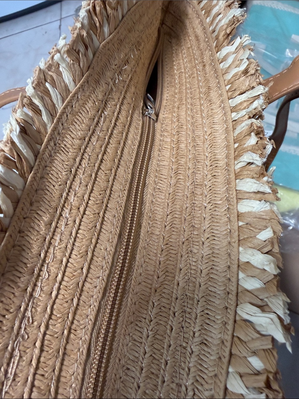 Woven Straw Tote Bag with Tan Handles - Picture 7 of 8